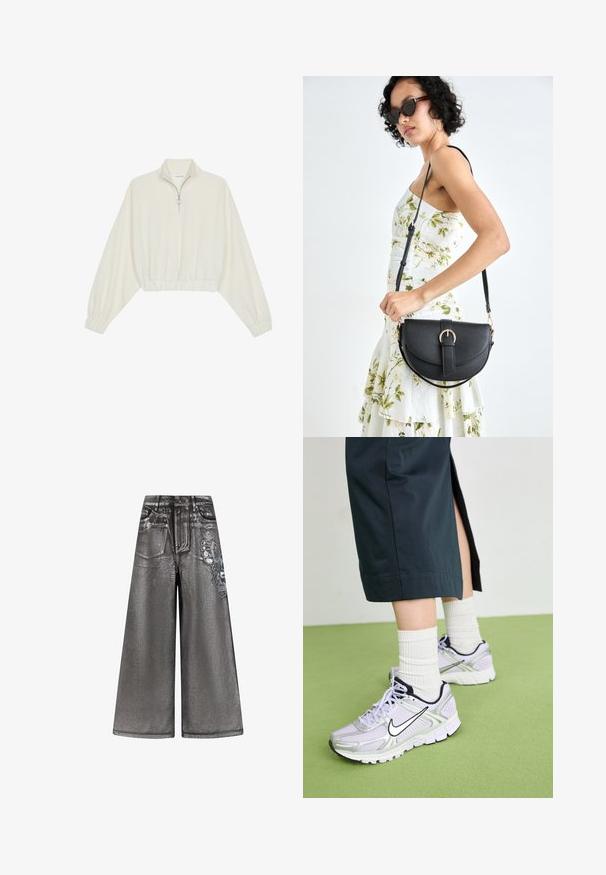 Geknipt pullover in crèmekleurige stof, met een hoge kraag, halve rits, elastische zoom en manchetten, met een soepele textuur en minimalistisch ontwerp.; Grijze, brede denimbroek met een glanzende textuur, voorzakken en een decoratieve vlinderprint aan de zijkant. Er zijn versleten details aanwezig.; Nike hardloopschoenen in lichtpaars met zilveren accenten, zwart logo en witte zool. Gepaard met gestructureerde witte crew-sokken en donkere broek.; Zwarte leren handtas met een gebogen vorm, afneembare schouderband en gouden hardware. De tas heeft een klep met een gespsluiting.