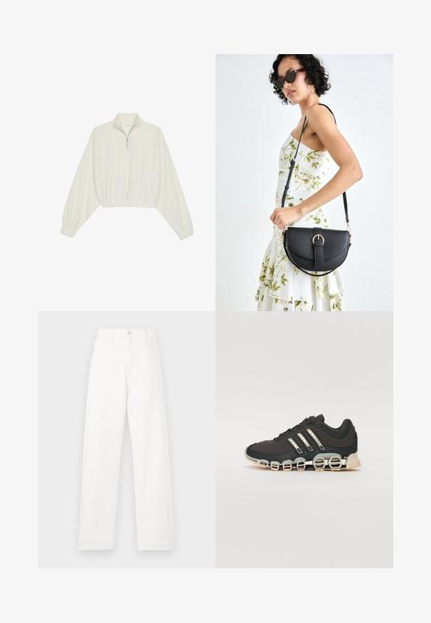 Kratka pulover v kremnem blagu, z visokim ovratnikom, pol-zadrgo, elastičnim robom in manšetami, z gladko teksturo in minimalističnim oblikovanjem.; Bela denim hlače z visokim pasom, ravnim krojem, vidnim šivom, petimi žepi in kovinskim gumbom za zapiranje.; Črne športne čevlje z teksturiranim zgornjim delom, tremi srebrnimi črtami in značilno blažilno podplatom, ki vključuje več integriranih delov.; Črna usnjena torbica s ukrivljeno obliko, z odstranljivo naramnico in zlatimi dodatki. Torbica ima pokrov s podrobnostmi v obliki zaponke.