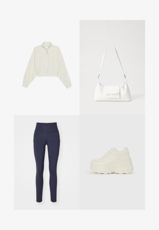 Pullover accorciato in tessuto crema, con colletto alto, chiusura a zip parziale, orlo e polsini elasticizzati, dalla texture liscia e design minimal.; Nike Performance ONE 7/8 - Leggings - obsidian; Sneakers bianchi con piattaforma, caratterizzati da una parte superiore simile alla pelle liscia, forma arrotondata, collo imbottito e suola in gomma testurizzata con scanalature ben definite.; Borsa sintetica bianca a forma triangolare, con patta anteriore piatta e dettaglio a fiocco, tracolla regolabile, texture liscia e design minimalista.