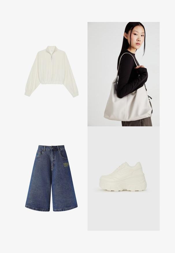 Lyhyt kerrosvaate vaaleasta kankaasta, jossa on korkea kaulus, puolivetoketjukiinnitys, joustavat helma ja hihansuut, tasainen pinta ja minimalistinen muotoilu.; Farkkushortsit, joissa on leveä ja löysä muotoilu tummansinisessä värissä. Edessä on keltainen brodeerattu logo ja viisi taskua. Raakahelma.; Valkoiset tasapohjakengät, joissa on sileä nahkamainen päällinen, pyöristetty muoto, pehmustettu nilkkaosa ja texturoitu kumipohja, jossa on hyvin määritellyt urat.; Beige laukku, joka on valmistettu pehmeästä materiaalista, ja siinä on rento muotoilu, ommeltu yksityiskohtia ja kaksi olkahihnaa. Sopii päivittäiseen käyttöön.