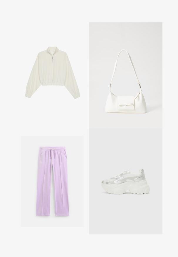Avkortad tröja i krämfärgad tyg, med hög krage, halvdragkedja, elastisk nederkant och ärmar, med en slät yta och minimalistisk design.; Ljuslila sweatpants med raka ben, elastisk midja, justerbara dragsnören och blixtlåsförsedda sidofickor.; Silver sneakers med en texturerad mesh-överkonstruktion och iriserande accenter, med en kraftig vit sula och snörning.; Vit syntetisk handväska med triangulär form, platt framklaff och rosettdetalj, justerbar rem, slät textur och minimalistisk design.