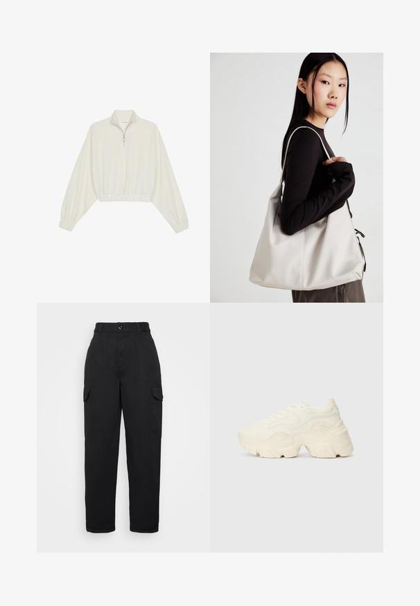 Pullover curto em tecido creme, apresentando um colarinho alto, fecho de meio zíper, bainha e punhos elásticos, com uma textura suave e design minimalista.; Calças cargo pretas com cintura alta, pregas frontais, dois bolsos laterais e um ajuste relaxado, feitas de um tecido resistente com uma textura suave.; Sapatilhas brancas chunky feitas de malha texturizada e materiais sintéticos, apresentando uma sola espessa e detalhes de padrão intrincados ao longo dos lados.; Uma bolsa bege feita de material macio, com um design descontraído, detalhes de costura e duas alças para o ombro. Adequada para uso diário.