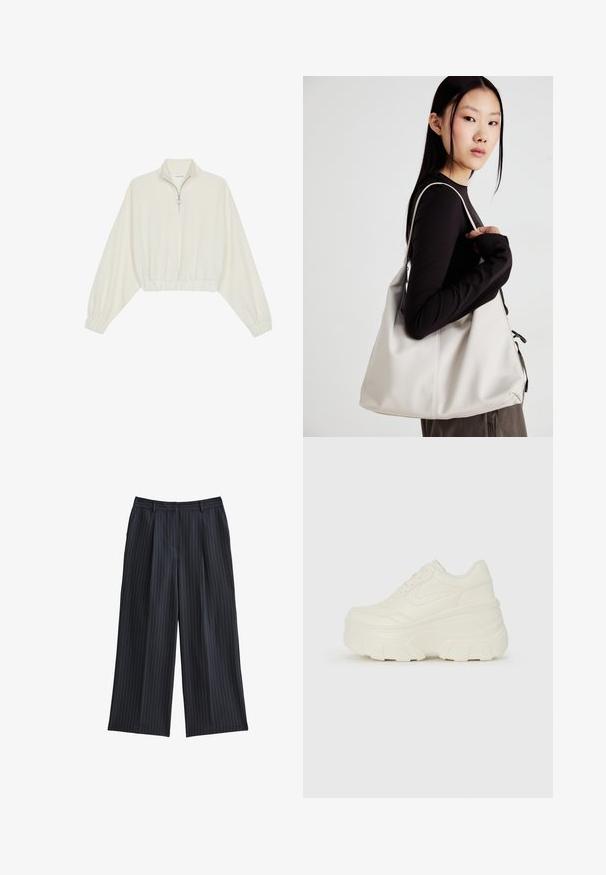 Geknipt pullover in crèmekleurige stof, met een hoge kraag, halve rits, elastische zoom en manchetten, met een soepele textuur en minimalistisch ontwerp.; New Look PINSTRIPE WIDE LEG - Broek - navy; Witte platform sneakers met een gladde leren bovenkant, afgeronde vorm, gewatteerde kraag en een gestructureerde rubberen zool met duidelijke profiel.; Beige handtas gemaakt van zacht materiaal, met een slonzig ontwerp, gestikte details en twee schouderbanden. Geschikt voor dagelijks gebruik.