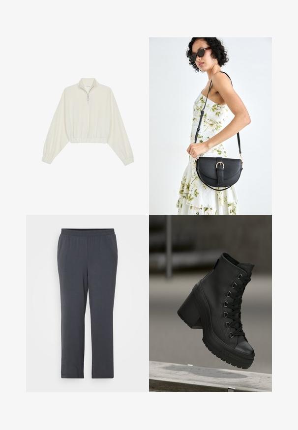 Pullover curto em tecido creme, apresentando um colarinho alto, fecho de meio zíper, bainha e punhos elásticos, com uma textura suave e design minimalista.; Calças cinza-escuras com um cós elástico, confeccionadas em um tecido texturizado. Corte reto com um acabamento liso e sem embelezamentos visíveis.; Botas de plataforma pretas de cano alto com um acabamento em pele texturada, atacadores à frente e salto robusto. Apresenta uma sola de borracha com padrões de garras distintos.; Bolsa de couro preta com forma curva, alça destacável e detalhes em dourado. A bolsa possui uma aba com detalhe de fivela.