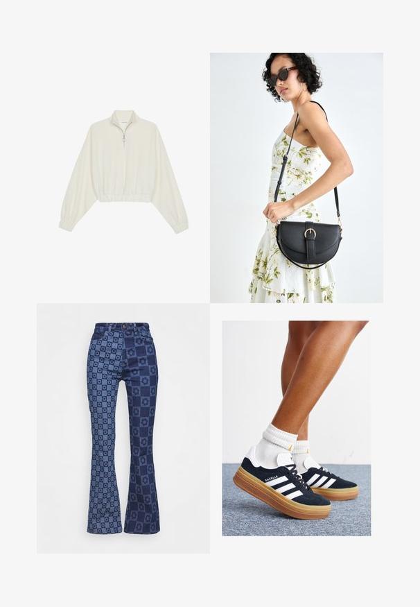 Pullover curto em tecido creme, apresentando um colarinho alto, fecho de meio zíper, bainha e punhos elásticos, com uma textura suave e design minimalista.; Jaded London FLOWER DISCHARGE PRINT WITH HEART BUTTON - Calças de ganga bootcut - blue; Ténis de camurça preta com riscas e detalhes brancos, biqueira arredondada, sola em borracha cor de goma, combinados com meias brancas caneladas até à altura do tornozelo.; Bolsa de couro preta com forma curva, alça destacável e detalhes em dourado. A bolsa possui uma aba com detalhe de fivela.