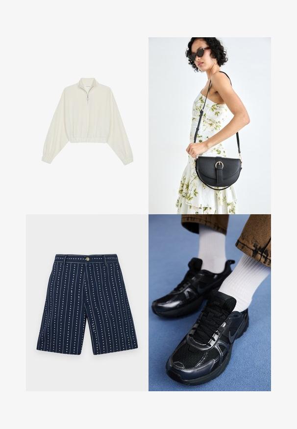 Cropped pullover in cream fabric, featuring a high collar, half-zip closure, elasticated hem and cuffs, with a smooth texture and minimal design.; Navy shorts featuring vertical stripes with small heart patterns, made of fabric with a soft texture. Equipped with a front button and zipper.; Black Nike sports shoes feature a mesh upper with shiny accents, black laces, and a textured sole. Paired with white ribbed socks.; Black leather handbag with a curved shape, detachable strap, and gold hardware. The bag features a flap with a buckle detail.