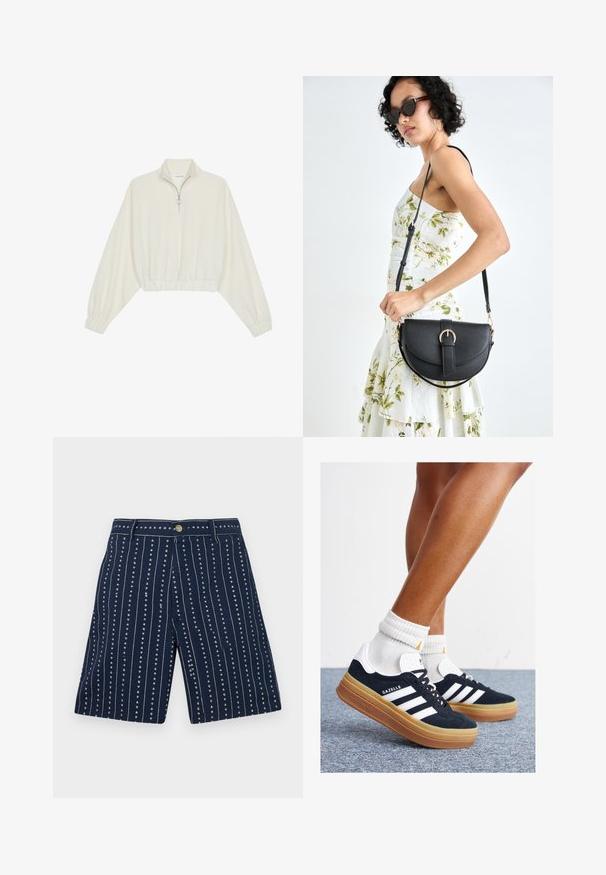 Cropped pullover in cream fabric, featuring a high collar, half-zip closure, elasticated hem and cuffs, with a smooth texture and minimal design.; Navy shorts featuring vertical stripes with small heart patterns, made of fabric with a soft texture. Equipped with a front button and zipper.; Black suede sneakers with white stripes and accents, rounded toe, gum rubber outsole, paired with white ribbed crew socks.; Black leather handbag with a curved shape, detachable strap, and gold hardware. The bag features a flap with a buckle detail.