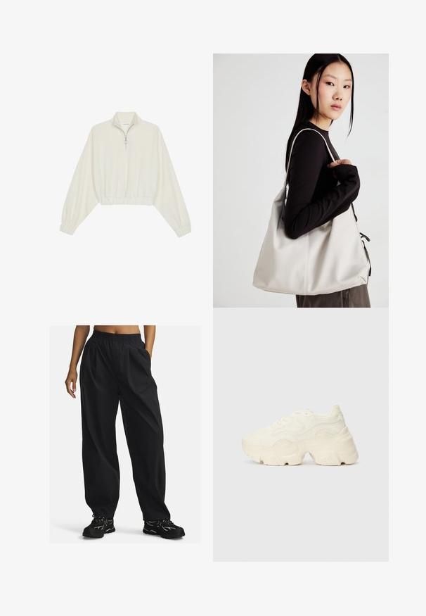 Cropped pullover in cream fabric, featuring a high collar, half-zip closure, elasticated hem and cuffs, with a smooth texture and minimal design.; Black, loose-fit pants made of lightweight fabric with an elastic waistband, featuring side pockets and a smooth texture.; Chunky white sneakers made of textured mesh and synthetic materials, featuring a thick sole and intricate pattern details along the sides.; Beige handbag made of soft material, featuring a slouchy design, stitched detailing, and two shoulder straps. Suitable for everyday use.