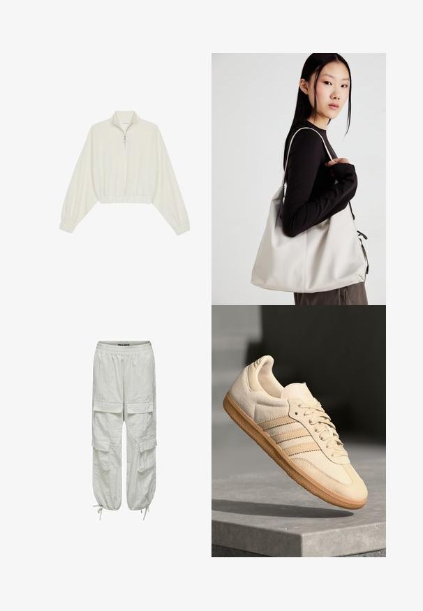 Gerippter Pullover aus cremefarbener Baumwolle mit hohem Kragen, halbem Reißverschluss, elastischen Säumen und Bündchen, glatter Textur und minimalistischem Design.; Weiße Cargo-Hosen mit lockerer Passform, elastischem Bund und Kordelzügen. Verfügt über vier Fronttaschen und ein strukturiertes Gewebe.; Helle beigetöne Wildledersneaker mit Gumminsohle, drei schrägen Streifen und einer strukturierten Zehenkappe. Mit Logo auf der Zunge und der Seite.; Beige Handtasche aus weichem Material, mit einem lässigen Design, gesteppten Details und zwei Schulterriemen. Geeignet für den täglichen Gebrauch.