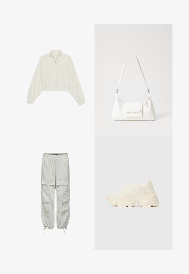 Zkrácený svetr z krémové látky, který má vysoký límec, poloviční zip, elastický spodní lem a manžety, hladkou texturu a minimalistický design.; Bílé cargo kalhoty s volným střihem, elastickým pasem a šňůrkami na stažení. Vybavené čtyřmi předními kapsami a texturovanou látkou.; Chunky bílé tenisky vyrobené z texturované síťoviny a syntetických materiálů, s tlustou podrážkou a složitými vzorovými detaily podél stran.; Bílá syntetická kabelka v trojúhelníkovém tvaru, s plochým předním klopným víkem a detailem mašle, nastavitelným popruhem, hladkým povrchem a minimalistickým designem.