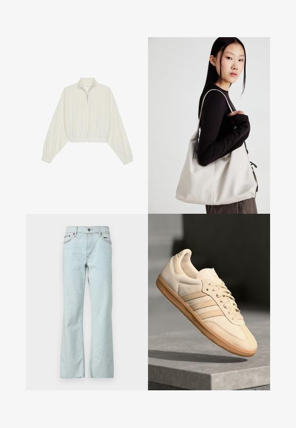 Kort genser i kremfarget stoff, med høy krage, halv glidelås, elastisk nederste kant og mansjetter, med en glatt tekstur og minimalistisk design.; Lyseblå denimjeans med utsvingt snitt, knappelukking, femlomme-design og subtil fading på stoffet. Rene, minimalistiske sømmer.; Lys beige suedette sneakers med gummisåle, tre diagonale striper og en teksturert tåhette. Har logo på tungen og siden.; Beige håndveske laget av mykt materiale, med en slapp design, sydd detaljer og to skulderstropper. Passer for daglig bruk.