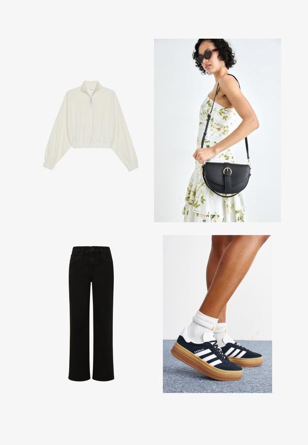 Kratka pulover v kremnem blagu, z visokim ovratnikom, pol-zadrgo, elastičnim robom in manšetami, z gladko teksturo in minimalističnim oblikovanjem.; Črni jeans s ravnimi nogavicami in visokim pasom, ki imajo sprednje žepe, gumbasto zapiranje ter čiste linije brez okrasnih elementov.; Črni antilop superge z belimi črtami in poudarki, okrogel prst, gumijasti podplat, kombinirane z belimi rebrastimi nogavicami.; Črna usnjena torbica s ukrivljeno obliko, z odstranljivo naramnico in zlatimi dodatki. Torbica ima pokrov s podrobnostmi v obliki zaponke.