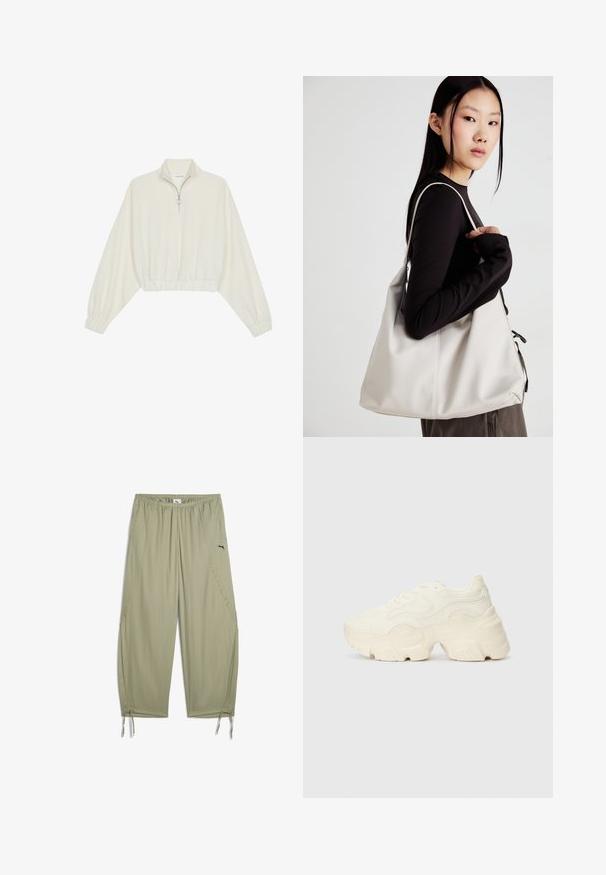 Kreemfarbenest lühikese varrukaga kudum, millel on kõrge kaelus, pool tõmblukk, elastne allosa ja varrukad, sile tekstuur ja minimaalne disain.; Kerged sinakasrohelised püksid, mis on valmistatud kergest kangast, elastse vöökoht ja reguleeritavad mansetid, küljes väike must logo.; Paksud valged tennised, mis on valmistatud tekstureeritud võrgu- ja sünteetilistest materjalidest, pakuvad paksu tallaga ja keerukat mustrit külgedel.; Bež käekott pehme materjali, millel on lõtv disain, õmblustega detailid ja kaks õlarihma. Sobib igapäevaseks kasutamiseks.