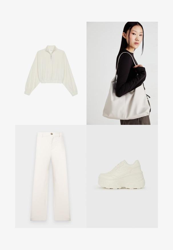 Skraćeni pulover od kremastog materijala, s visokim ovratnikom, zatvaranjem na polovicu munje, elastičnim rubom i manžetama, s glatkom teksturom i minimalnim dizajnom.; Pantalone širokih nogavica u bež boji od teksturirane tkanine. Imaju prednju kopču na gumbe i proreze za remen. Jednostavan, čist dizajn bez uzoraka.; Bijele platformske tenisice s glatkim gornjim dijelom koji nalikuje koži, zaobljenim oblikom, podstavljenim okvirom i teksturiranim gumeni potplat s definiranom profilacijom.; Bežna torba od mekog materijala s opuštenim dizajnom, šivanim detaljima i dva remena za rame. Pogodna za svakodnevnu upotrebu.