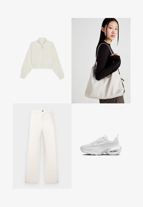 Zkrácený svetr z krémové látky, který má vysoký límec, poloviční zip, elastický spodní lem a manžety, hladkou texturu a minimalistický design.; Široké béžové kalhoty z texturované látky. Mají zapínání na knoflíky vpředu a poutka na pásek. Jednoduchý, čistý design bez vzorů.; Bílé tenisky s vlnitým designem svršku, texturovanou látkou, polstrovanou podrážkou a viditelnou vzduchovou jednotkou. Mají šněrování vpředu a poutko.; Beige kabelka vyrobená z měkkého materiálu, s volným designem, prošívanými detaily a dvěma ramenními popruhy. Vhodná pro každodenní použití.