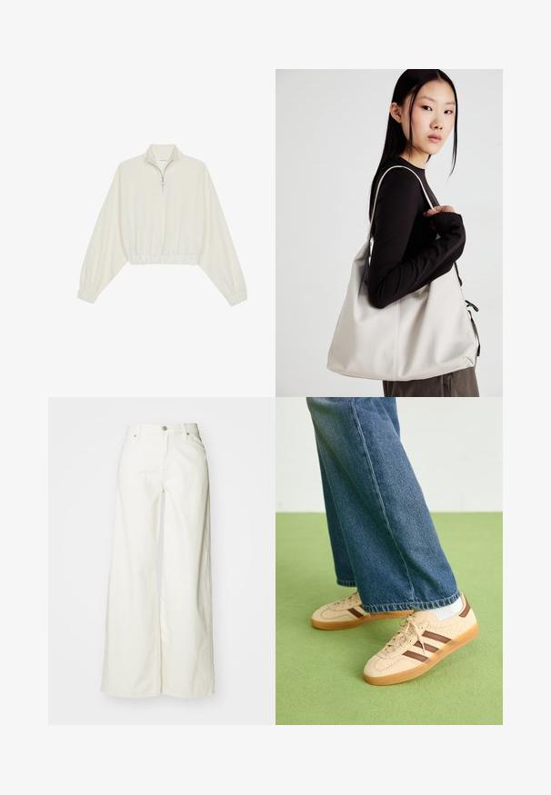 Pulover scurt din stofă crem, cu guler înalt, închidere cu fermoar pe jumătate, elastic la margini și la manșete, cu o textură netedă și un design minimalist.; Blugi albi cu croi larg, din denim. Prezintă talie înaltă, închidere cu nasture frontal și un design clasic cu cinci buzunare. Textură netedă, fără modele.; Tenisi bej cu panouri texturate de culoare crem și dungi maro, asortați cu blugi din denim albastru. Blugii au un croi larg și o margine desfăcută.; Geantă bej din material moale, cu un design lejer, detalii cusute și două bretele pentru umăr. Potrivită pentru utilizarea zilnică.