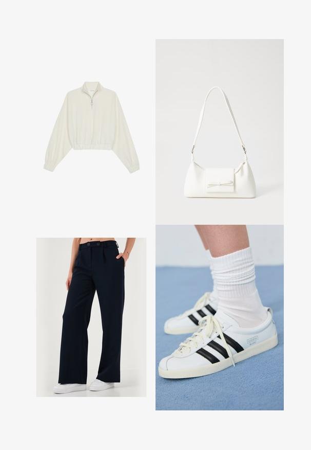 Cropped pullover in cream fabric, featuring a high collar, half-zip closure, elasticated hem and cuffs, with a smooth texture and minimal design.; Wide-leg trousers in navy blue, made from smooth fabric, featuring a double-button closure and side pockets for a tailored look.; White leather sneakers with black stripes, cream outsole, and light laces. Worn with white ribbed socks, positioned on blue background.; White synthetic handbag with a triangular shape, flat front flap and bow detail, adjustable strap, smooth texture, and minimalistic design.