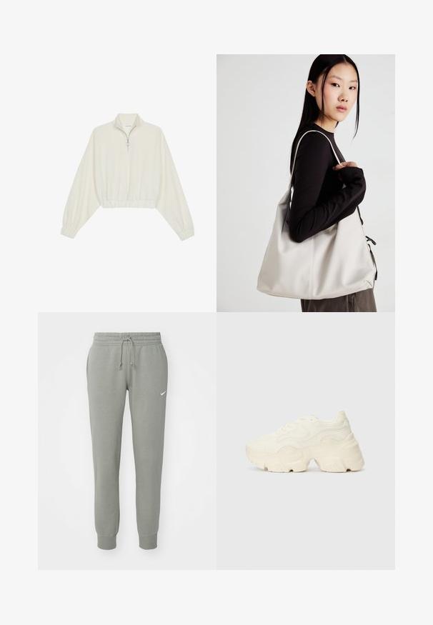 Pullover curto em tecido creme, apresentando um colarinho alto, fecho de meio zíper, bainha e punhos elásticos, com uma textura suave e design minimalista.; Nike Sportswear PANT - Calças de fato de treino - light army/sail; Sapatilhas brancas chunky feitas de malha texturizada e materiais sintéticos, apresentando uma sola espessa e detalhes de padrão intrincados ao longo dos lados.; Uma bolsa bege feita de material macio, com um design descontraído, detalhes de costura e duas alças para o ombro. Adequada para uso diário.