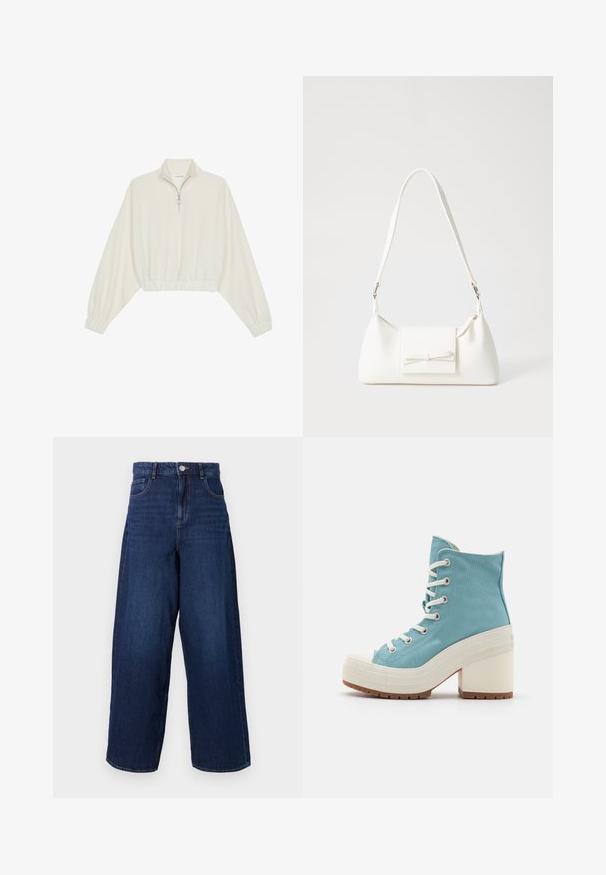 Kreminės spalvos trumpas megztinis, turintis aukštą apykaklę, pusiau užtrauktuką, elastinį apačią irRankovių kraštus, su lygiu paviršiumi ir minimalizuotu dizainu.; Plačiai prisiūtos tamsiai mėlynos džinsinės kelnės su aukštu liemeniu, penkiomis kišenėmis ir mygtuko užsegimu. Audinys turi lygią tekstūrą su subtiliu nusidėvėjimu.; Šviesiai mėlyni kanvos aukšti sneakers'ai su baltais raišteliais, guminis pirštų dangtelis ir masyvus baltas kulnas. Tekstūruota padas geresniam sukibimui.; Balta sintetinė rankinė trikampio formos, plokščiu priekiu su užsegimu, kaspino detale, reguliuojama dirželiu, lygia tekstūra ir minimalistišku dizainu.