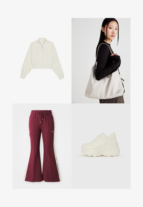 Lyhyt kerrosvaate vaaleasta kankaasta, jossa on korkea kaulus, puolivetoketjukiinnitys, joustavat helma ja hihansuut, tasainen pinta ja minimalistinen muotoilu.; Bordo leveled pants with white side stripes, drawstring waist, and gold branding. Made of soft fabric with a textured finish and tapered legs.; Valkoiset tasapohjakengät, joissa on sileä nahkamainen päällinen, pyöristetty muoto, pehmustettu nilkkaosa ja texturoitu kumipohja, jossa on hyvin määritellyt urat.; Beige laukku, joka on valmistettu pehmeästä materiaalista, ja siinä on rento muotoilu, ommeltu yksityiskohtia ja kaksi olkahihnaa. Sopii päivittäiseen käyttöön.