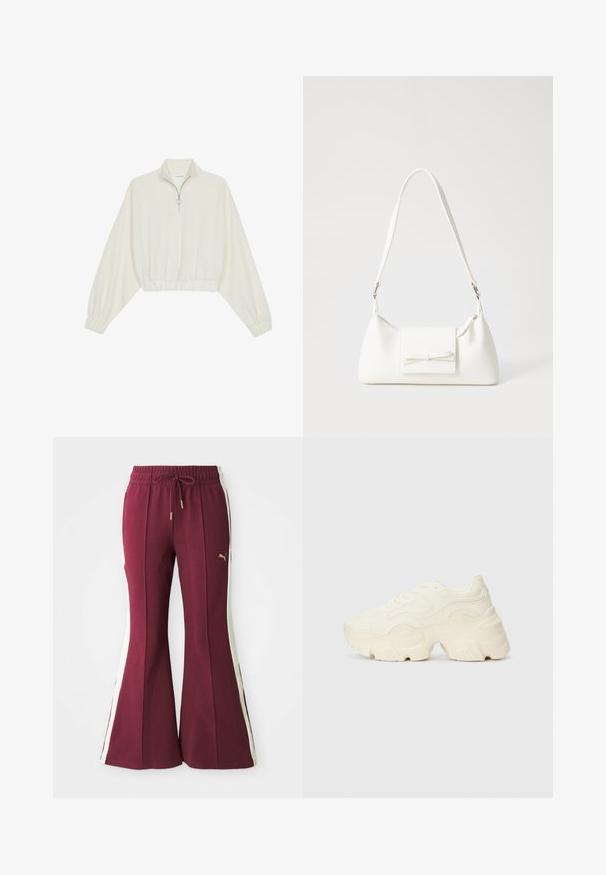 Cropped pullover in cream fabric, featuring a high collar, half-zip closure, elasticated hem and cuffs, with a smooth texture and minimal design.; Maroon flared pants with side white stripes, drawstring waist, and gold branding. Soft fabric with a textured finish and tapered legs.; Chunky white sneakers made of textured mesh and synthetic materials, featuring a thick sole and intricate pattern details along the sides.; White synthetic handbag with a triangular shape, flat front flap and bow detail, adjustable strap, smooth texture, and minimalistic design.