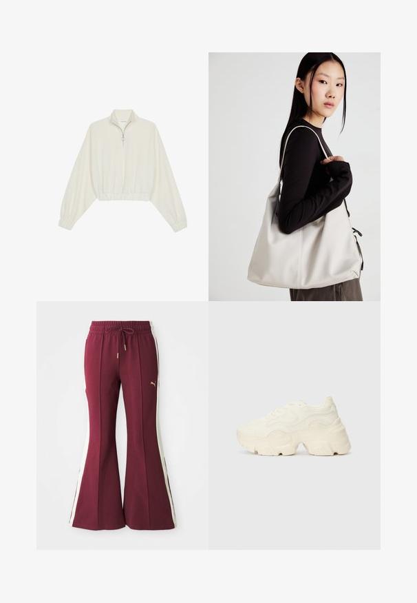 Kreminės spalvos trumpas megztinis, turintis aukštą apykaklę, pusiau užtrauktuką, elastinį apačią irRankovių kraštus, su lygiu paviršiumi ir minimalizuotu dizainu.; Vyno raudonos platėjančios kelnės su šoninėmis baltomis linijomis, su virvute juosmenyje ir auksiniu ženklinimu. Minkšta medžiaga su tekstūruotu paviršiumi ir siaurėjančiomis kojomis.; Masyvios baltos sportbačiai, pagaminti iš tekstūruoto tinklelio ir sintetinių medžiagų, pasižymintys storu padu ir išsamiu raštų detalizavimu šonuose.; Bežinė rankinė, pagaminta iš minkštos medžiagos, turinti laisvą dizainą, siuvinėtas detalės ir dvi petnešos. Tinkama kasdieniam naudojimui.