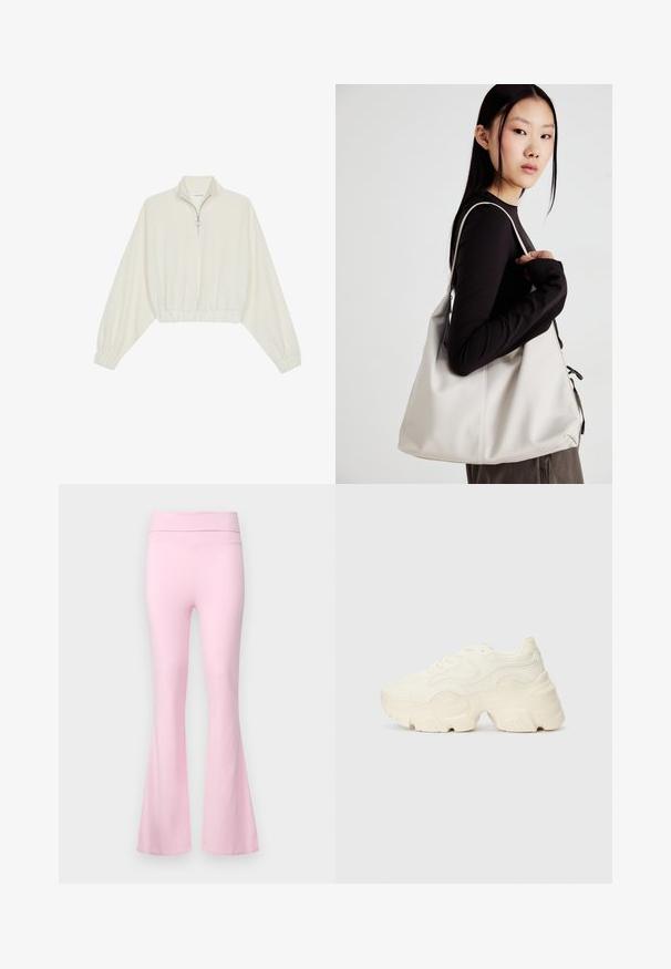 Kort genser i kremfarget stoff, med høy krage, halv glidelås, elastisk nederste kant og mansjetter, med en glatt tekstur og minimalistisk design.; Gina Tricot SOFT TOUCH FOLDED TROUSERS - Bukse - pink lady; Chunky hvite sneakers laget av teksturert mesh og syntetiske materialer, med en tykk såle og intrikate mønsterdetaljer langs sidene.; Beige håndveske laget av mykt materiale, med en slapp design, sydd detaljer og to skulderstropper. Passer for daglig bruk.