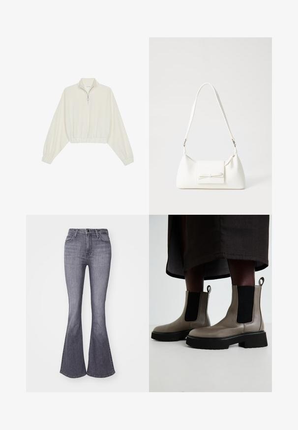 Kratka pulover v kremnem blagu, z visokim ovratnikom, pol-zadrgo, elastičnim robom in manšetami, z gladko teksturo in minimalističnim oblikovanjem.; Lee BREESE - Kavbojke na trapez - grey denim; Sive gležnjarji iz teksturirane usnjene snovi z elastičnimi stranskimi paneli in debelim črnim podplatom. Imajo zanke za enostavno obuvanje.; Bela sintetična torbica v obliki trikotnika, z ravnim sprednjim poklopcem in detajlom mašne, nastavljivim trakom, gladko teksturo in minimalističnim dizajnom.