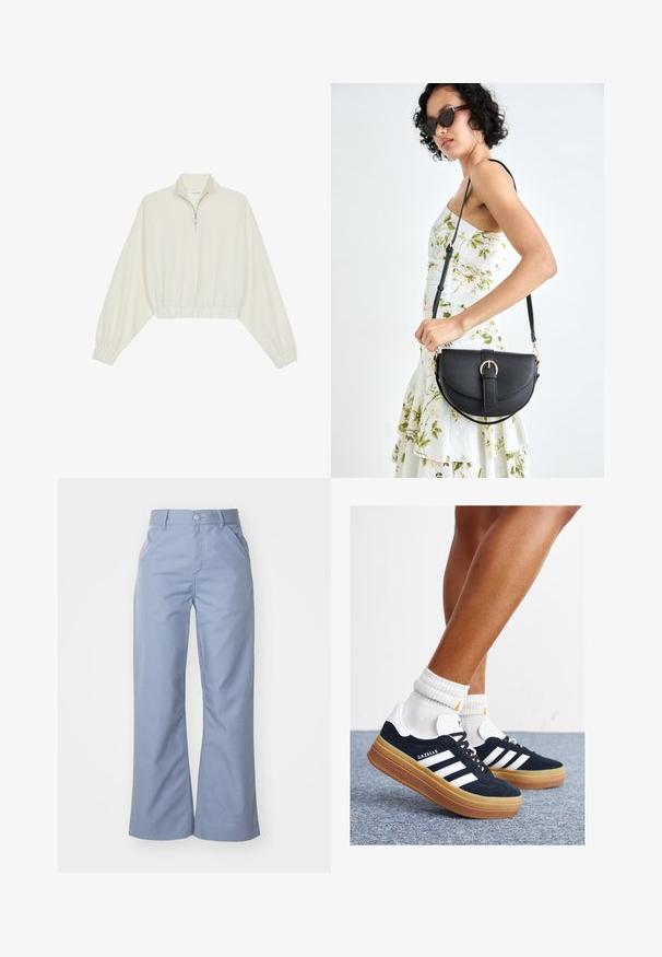 Pullover court en tissu crème, avec un col haut, fermeture éclair à mi-hauteur, ourlet et poignets élastiqués, offrant une texture lisse et un design minimaliste.; Pantalons larges bleu clair en tissu en coton mélangé lisse, avec des poches avant et une fermeture à bouton à la taille.; Baskets en daim noir avec des rayures et des accents blancs, bout arrondi, semelle extérieure en caoutchouc gomme, associées à des chaussettes blanches côtelées mi-mollet.; Sac à main en cuir noir avec une forme courbée, bandoulière amovible et des accessoires en or. Le sac est doté d'un rabat avec un détail de boucle.