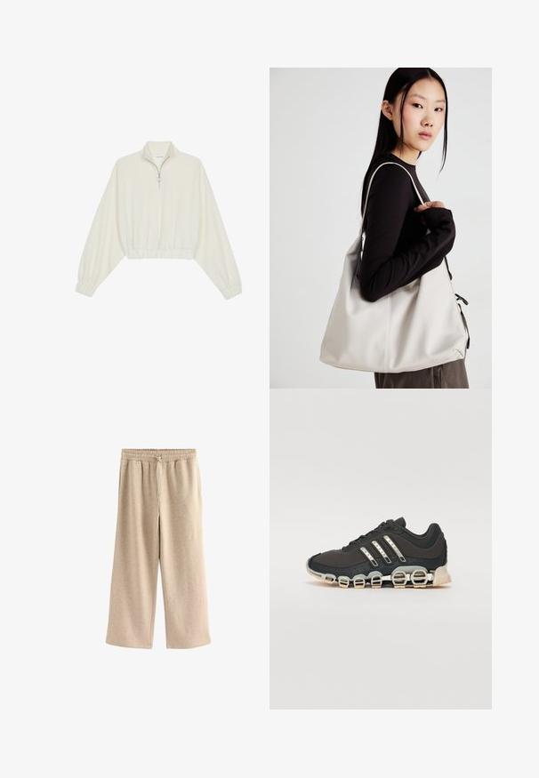Skórzany pulower w kolorze kremowym, z wysokim kołnierzem, półzamkiem, elastycznym wykończeniem u dołu i mankietami, o gładkiej teksturze i minimalistycznym designie.; Kremowe spodnie typu wide-leg z miękkiej mieszanki bawełny. Posiadają elastyczny pas z sznurkiem do regulacji oraz subtelną fakturę w drobne kropki.; Czarne sportowe buty z teksturowaną cholewką, trzema srebrnymi paskami i charakterystyczną podeszwą z amortyzacją, składającą się z wielu zintegrowanych sekcji.; Beżowa torebka wykonana z miękkiego materiału, charakteryzująca się luźnym fasonem, wyszywanymi detalami i dwoma uchwytami na ramię. Idealna na co dzień.