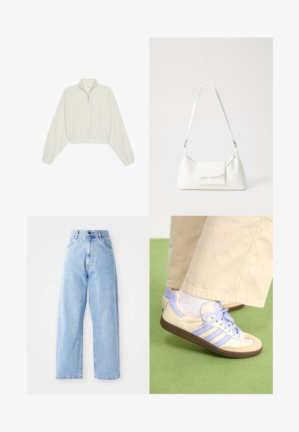 Cropped pullover in cream fabric, featuring a high collar, half-zip closure, elasticated hem and cuffs, with a smooth texture and minimal design.; High-waisted light blue denim jeans with straight wide legs, front button, zipper closure, and front and back pockets.; Cream and lavender sneakers with three stripes and a textured brown sole, featuring laces and a padded heel. Soft fabric upper.; White synthetic handbag with a triangular shape, flat front flap and bow detail, adjustable strap, smooth texture, and minimalistic design.