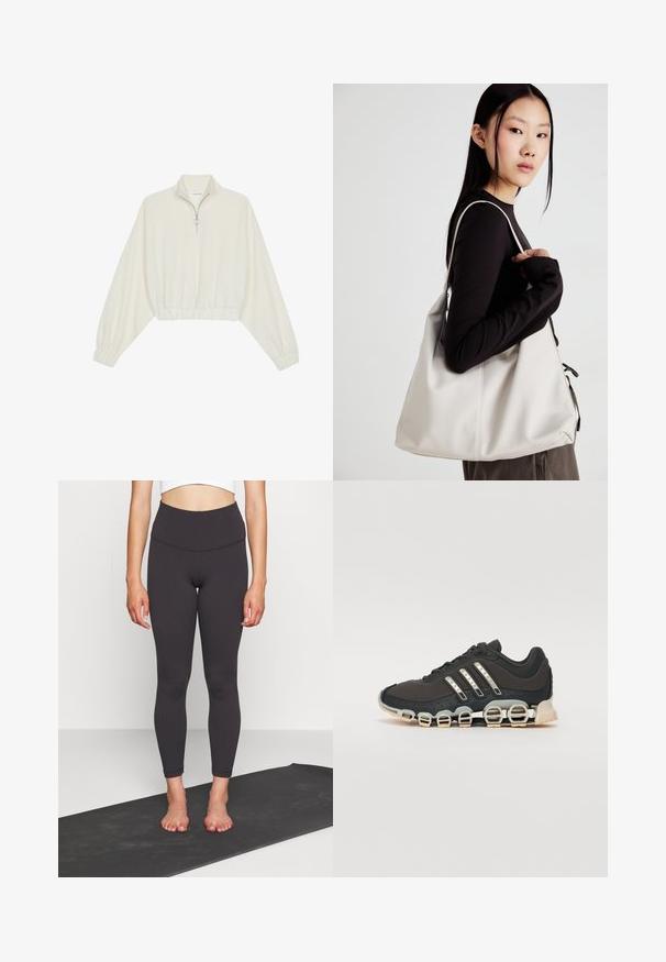 Pulover scurt din stofă crem, cu guler înalt, închidere cu fermoar pe jumătate, elastic la margini și la manșete, cu o textură netedă și un design minimalist.; Leggings negre cu talie înaltă, dintr-un material neted și elastic, cu o siluetă ajustată, care se termină la gleznă. Poartă-le cu un top scurt pe un covoraș de yoga.; Pantof cu aspect sport de culoare neagră, cu un superior texturat, trei dungi argintii și o talpă de amortizare distinctivă, ce prezintă multiple secțiuni integrate.; Geantă bej din material moale, cu un design lejer, detalii cusute și două bretele pentru umăr. Potrivită pentru utilizarea zilnică.