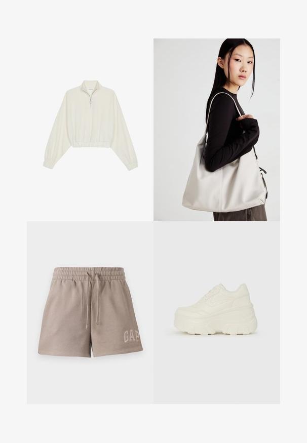 Pullover court en tissu crème, avec un col haut, fermeture éclair à mi-hauteur, ourlet et poignets élastiqués, offrant une texture lisse et un design minimaliste.; Shorts beiges en matériau doux, avec une taille élastique et un cordon de serrage, ornés du logo "GAP" brodé en bas à l'avant.; Baskets plateformes blanches avec une tige en simili cuir lisse, une forme arrondie, un col rembourré et une semelle en caoutchouc texturé avec des crampons définis.; Sac à main beige en matériau souple, avec un design décontracté, des détails cousus et deux poignées. Idéal pour un usage quotidien.
