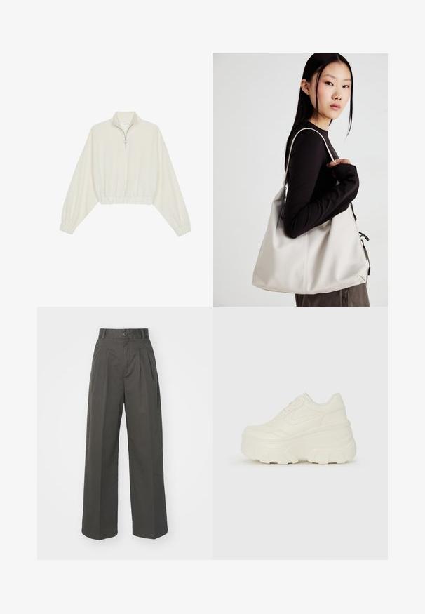 Gerippter Pullover aus cremefarbener Baumwolle mit hohem Kragen, halbem Reißverschluss, elastischen Säumen und Bündchen, glatter Textur und minimalistischem Design.; Hochgeschnittene, anthrazitfarbene Hose aus Baumwolle. Verfügt über Falten, einen Knopfverschluss und weite, gerade Beine. Glatte Textur.; Weiße Platform Sneakers mit einem glatten, lederähnlichen Obermaterial, abgerundeter Form, gepolstertem Kragen und strukturierten Gummisohlen mit ausgeprägten Stollen.; Beige Handtasche aus weichem Material, mit einem lässigen Design, gesteppten Details und zwei Schulterriemen. Geeignet für den täglichen Gebrauch.
