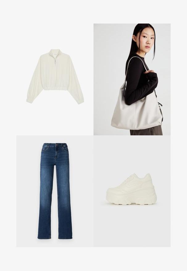 Pullover curto em tecido creme, apresentando um colarinho alto, fecho de meio zíper, bainha e punhos elásticos, com uma textura suave e design minimalista.; Jeans de ganga azul escuro com um design de perna reta, cintura a meio do corpo e desbotamento subtil nas bainhas. Apresenta cinco bolsos e fecho com botão.; Tênis brancos de plataforma com um cabedal suave semelhante a couro, formato arredondado, colarinho acolchoado e sola de borracha texturizada com ranhuras bem definidas.; Uma bolsa bege feita de material macio, com um design descontraído, detalhes de costura e duas alças para o ombro. Adequada para uso diário.
