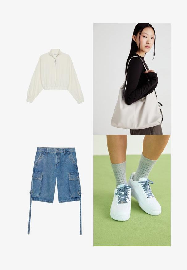 Kreminės spalvos trumpas megztinis, turintis aukštą apykaklę, pusiau užtrauktuką, elastinį apačią irRankovių kraštus, su lygiu paviršiumi ir minimalizuotu dizainu.; Even&Odd Džinsiniai šortai - blue denim; Balti odiniai sportbačiai su mėlynais akcentais, perforuota nosies dizainu ir tekstūruotomis mėlynai-baltomis raištelėmis, dėvimi su pilkais raukšlėtais kojiniais.; Bežinė rankinė, pagaminta iš minkštos medžiagos, turinti laisvą dizainą, siuvinėtas detalės ir dvi petnešos. Tinkama kasdieniam naudojimui.