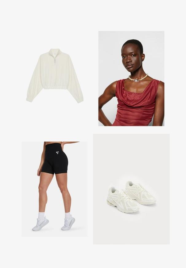 Kratka pulover v kremnem blagu, z visokim ovratnikom, pol-zadrgo, elastičnim robom in manšetami, z gladko teksturo in minimalističnim oblikovanjem.; Črne hlače s visokim pasom iz raztegljive tkanine, ki imajo spredaj belo logo in gladek zaključek na robu.; Beli športni copati iz mrežastih in sintetičnih materialov, z vezalkami, oblazinjenim ovratnikom in strukturiranim podplatom za oprijem. Lahka konstrukcija.; Keldo z vratimi, globoko rdeča obleka z gladko teksturo. Ima biserni ovratnik z dekorativnim srebrnim poudarkom na sredini.