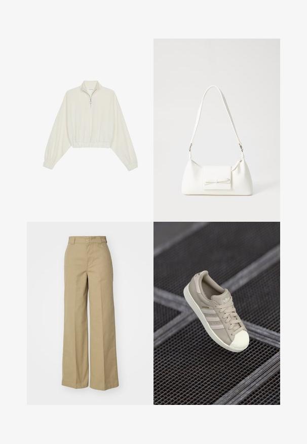 Geknipt pullover in crèmekleurige stof, met een hoge kraag, halve rits, elastische zoom en manchetten, met een soepele textuur en minimalistisch ontwerp.; Beige wijde broek met hoge taille, gemaakt van katoen, met een gestikte tailleband en zonder zichtbare zakken of patronen.; Beige Adidas Superstar sneaker met een textuurleer bovenwerk, drie zijstripes, ronde neuskap en logo op de tong en hiel.; Witte synthetische handtas met een driehoekige vorm, platte voorklep en strikdetail, verstelbare schouderriem, gladde textuur en minimalistisch ontwerp.