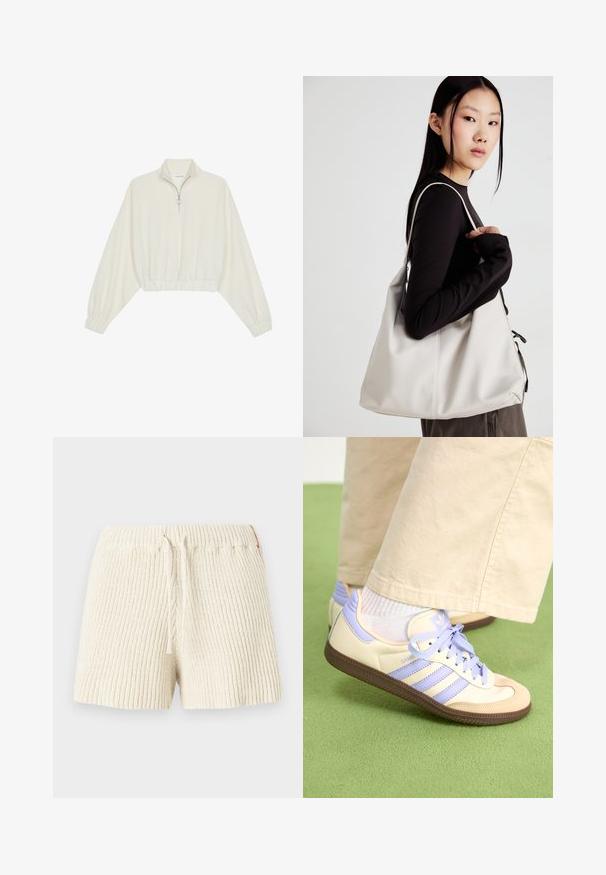 Lyhyt kerrosvaate vaaleasta kankaasta, jossa on korkea kaulus, puolivetoketjukiinnitys, joustavat helma ja hihansuut, tasainen pinta ja minimalistinen muotoilu.; Lyhyt, kermaisen värinen neulehousut, joissa on ribbikuvio, joustava vyötärö ja naru. Sivussa on pieni korostustagi.; Kermasilta ja laventelilta näyttävät lenkkarit kolmella raidalla ja teksturoidulla ruskealla pohjalla, varustettuna nauhoilla ja pehmustetulla kantapäällä. Pehmeä kangaspinta.; Beige laukku, joka on valmistettu pehmeästä materiaalista, ja siinä on rento muotoilu, ommeltu yksityiskohtia ja kaksi olkahihnaa. Sopii päivittäiseen käyttöön.