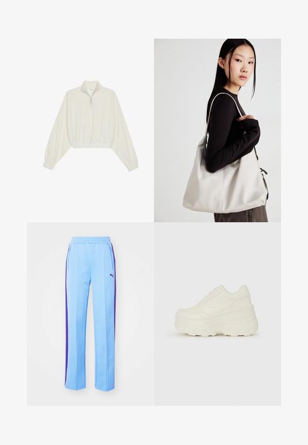 Zkrácený svetr z krémové látky, který má vysoký límec, poloviční zip, elastický spodní lem a manžety, hladkou texturu a minimalistický design.; Světle modré teplákové kalhoty s fialovými bočními pruhy, elastickým pasem a kapsami na zip. Měkká tkanina a rovný střih.; Bílé platformové tenisky s hladkým svrškem podobným kůži, zaobleným tvarem, polstrovaným límcem a texturovanou gumovou podrážkou s vyznačenými vzory.; Beige kabelka vyrobená z měkkého materiálu, s volným designem, prošívanými detaily a dvěma ramenními popruhy. Vhodná pro každodenní použití.