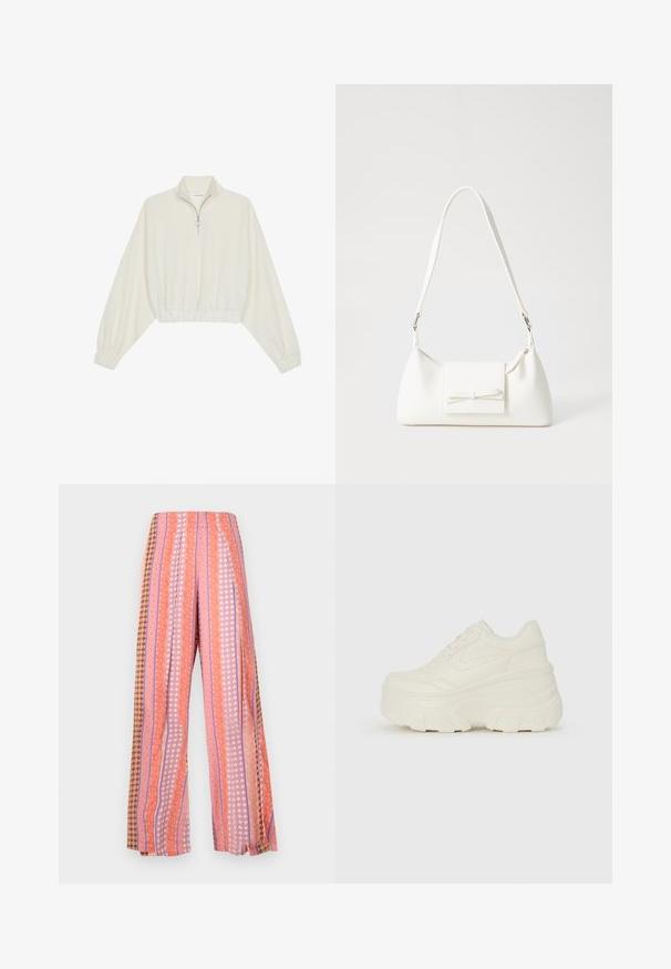 Skraćeni pulover od kremastog materijala, s visokim ovratnikom, zatvaranjem na polovicu munje, elastičnim rubom i manžetama, s glatkom teksturom i minimalnim dizajnom.; Hlače širokih nogavica s vertikalnim prugama u nijansama ružičaste, narančaste i smeđe boje. Uzorci uključuju cvjetne i geometrijske dizajne.; Bijele platformske tenisice s glatkim gornjim dijelom koji nalikuje koži, zaobljenim oblikom, podstavljenim okvirom i teksturiranim gumeni potplat s definiranom profilacijom.; Bijela sintetička torbica s trokutastim oblikom, ravnim prednjim poklopcem i detaljem u obliku mašne, podesivom remenom, glatkom teksturom i minimalističkim dizajnom.