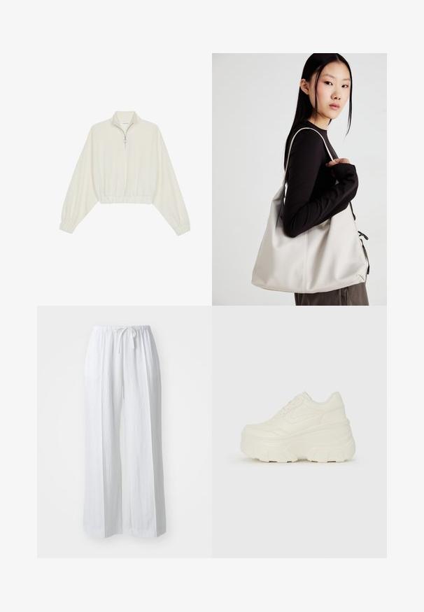 Krém színű, rövidített pulóver, magas gallérral, félig cipzáros záródással, elasztikus derék- és ujjakrésszel, sima textúrával és minimalista dizájnnal.; Fehér, bőszárú nadrág húzózsinórral ellátott derékrésszel. Könnyű anyagból készült, sima felülettel és letisztult dizájnnal.; Fehér platform sportcipők, sima bőrszerű felsőrésszel, kerek formával, párnázott bokával és texturált gumitalppal, jól definiált mintázattal.; Puha anyagból készült bézs kézitáska, laza dizájnnal, varrott részletekkel és két vállpánttal. Mindennapi használatra alkalmas.