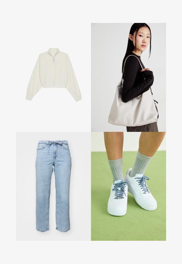 Krém színű, rövidített pulóver, magas gallérral, félig cipzáros záródással, elasztikus derék- és ujjakrésszel, sima textúrával és minimalista dizájnnal.; Világoskék farmernadrág, laza egyenes szabással, öt zsebbel és övlyukkal ellátott derékkal. Megviselt hatás, finom kopásokkal.; Fehér bőr sportcipő kék akcentusokkal, perforált orrdesignnal és texturált kék-fehér cipőfűzőkkel, szürke bordás zoknikkal viselve.; Puha anyagból készült bézs kézitáska, laza dizájnnal, varrott részletekkel és két vállpánttal. Mindennapi használatra alkalmas.