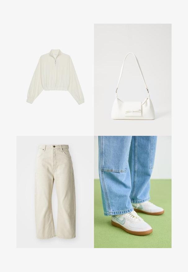 Krém színű, rövidített pulóver, magas gallérral, félig cipzáros záródással, elasztikus derék- és ujjakrésszel, sima textúrával és minimalista dizájnnal.; Beige, bőszárú farmernadrág, amely pamut denimből készült, magas derékkal, öt zsebbel és finoman kopott textúrával rendelkezik. Réz gombos záródás.; Fehér sportcipők világoskék részletekkel, texturált hálós felsőrésszel és világosbarna gumitalppal, lazán szabott világoskék farmernadrággal párosítva.; Fehér szintetikus kézitáska, háromszög alakú, lapos előlap, masni részlettel, állítható pánttal, sima textúrával és minimalista dizájnnal.