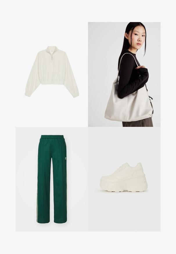 Pullover curto em tecido creme, apresentando um colarinho alto, fecho de meio zíper, bainha e punhos elásticos, com uma textura suave e design minimalista.; Calças de desporto verde-escuras com um corte relaxado, apresentando uma cintura com cordão, bolsos laterais e riscas creme nas laterais.; Tênis brancos de plataforma com um cabedal suave semelhante a couro, formato arredondado, colarinho acolchoado e sola de borracha texturizada com ranhuras bem definidas.; Uma bolsa bege feita de material macio, com um design descontraído, detalhes de costura e duas alças para o ombro. Adequada para uso diário.