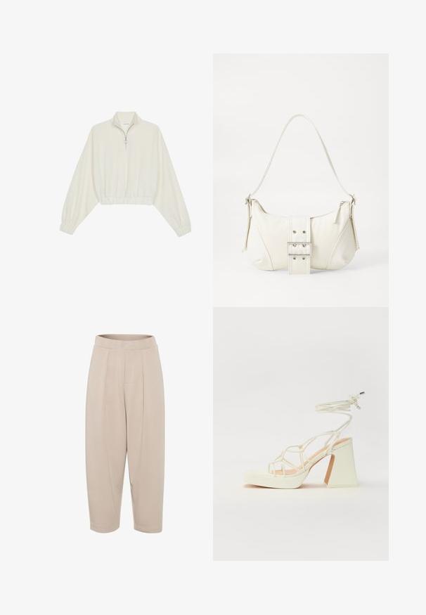 Kreptais pusītes džemperis krēmkrāsā, ar augstu apkakli, puszipa aizdari, elastīgu apakšmalu un aprocēm, ar gludu tekstūru un minimālistisku dizainu.; Bežīgas vidējas garuma bikses, izgatavotas no mīksta auduma. Ar plašu jostu, priekšējiem krokām un sašaurinātām kājām ar apmales apakšmalām.; Baltas augstpapēžu sandales ar masīvu papēdi, ar siksnu dizainu un potītes saistītiem elementiem. Gluda tekstūra ar platformu priekšpusē, lai nodrošinātu papildu augstumu.; Balts plecu soma ar teksturētu apdari, centrālu sprādzi un izliekta forma. Ražota ar rāvējslēdzēja aizdares abās pusēs.