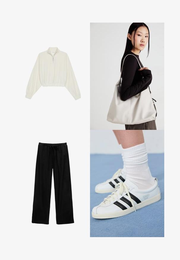 Skórzany pulower w kolorze kremowym, z wysokim kołnierzem, półzamkiem, elastycznym wykończeniem u dołu i mankietami, o gładkiej teksturze i minimalistycznym designie.; Czarne spodnie wide-leg wykonane z lekkiego materiału, z elastycznym paskiem w talii i detalami w postaci sznurka. Prosty design, bez wzorów i dodatkowych elementów.; Białe skórzane sneakersy z czarnymi paskami, kremową podeszwą i jasnymi sznurowadłami. Noszone z białymi skarpetkami w prążki, umieszczone na niebieskim tle.; Beżowa torebka wykonana z miękkiego materiału, charakteryzująca się luźnym fasonem, wyszywanymi detalami i dwoma uchwytami na ramię. Idealna na co dzień.