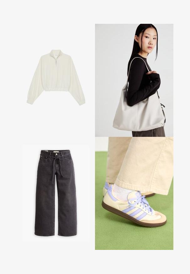 Sudadera cropped en tejido crema, con cuello alto, cierre de media cremallera, dobladillo y puños elásticos, con una textura suave y un diseño minimalista.; Pantalones de mezclilla de pierna ancha negra, con cintura ajustable por cordón, cinco bolsillos y detalles de costura en contraste. Diseño frontal plano.; Zapatillas de crema y lavanda con tres rayas y una suela marrón texturizada, que cuentan con cordones y un talón acolchado. Parte superior de tela suave.; Bolso de mano beige hecho de material suave, con un diseño holgado, detalles cosidos y dos asas. Adecuado para uso diario.