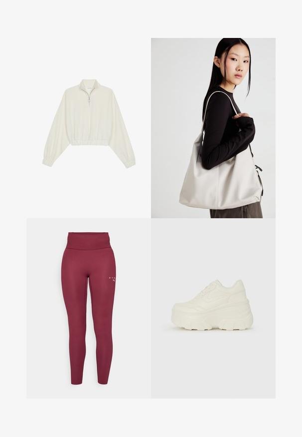 Kreminės spalvos trumpas megztinis, turintis aukštą apykaklę, pusiau užtrauktuką, elastinį apačią irRankovių kraštus, su lygiu paviršiumi ir minimalizuotu dizainu.; Bordo spalvotų leggingų, pagamintų iš elastingos medžiagos, aukštu juosmeniu, prigludusios formos, su mažo logotipo spauda kairiajame šlaunyje.; Baltos platformos sportbačiai su lygiu odos primenančiu paviršiumi, apvalia forma, paminkštintu apykakle ir tekstūruotu guminiu padu su ryškiais protektoriais.; Bežinė rankinė, pagaminta iš minkštos medžiagos, turinti laisvą dizainą, siuvinėtas detalės ir dvi petnešos. Tinkama kasdieniam naudojimui.