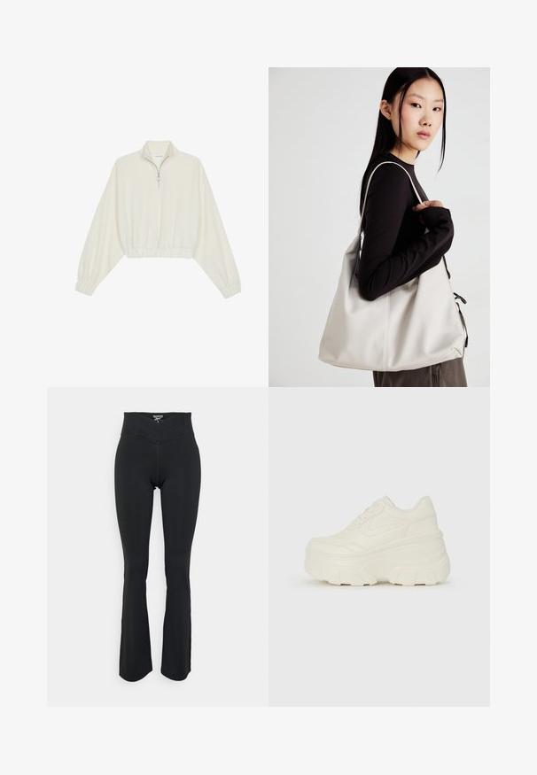 Pullover curto em tecido creme, apresentando um colarinho alto, fecho de meio zíper, bainha e punhos elásticos, com uma textura suave e design minimalista.; Leggings pretos com corte fluido feitos de material elástico. Apresenta uma cintura alta com um detalhe de costura em ângulo. Textura suave sem logótipos visíveis.; Tênis brancos de plataforma com um cabedal suave semelhante a couro, formato arredondado, colarinho acolchoado e sola de borracha texturizada com ranhuras bem definidas.; Uma bolsa bege feita de material macio, com um design descontraído, detalhes de costura e duas alças para o ombro. Adequada para uso diário.